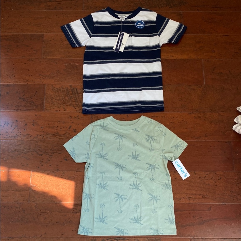 NWT Youth Small (6-7) Carter's Navy Striped and Green Palm Kids T-Shirts